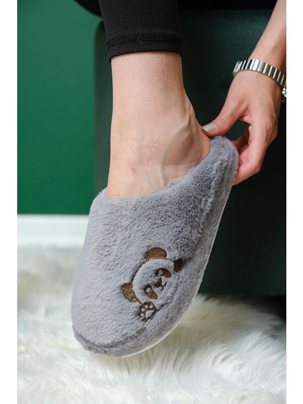 Panda Nakışlı Kadın Ev Terliği Pelüş Terlik Çeyiz ve Bohça Terliği Ses Yapmaz Kalın Taban - Görsel 6
