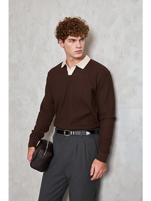 HYMAN Erkek Polo Yaka Nopeli Oversize Triko Kazak
