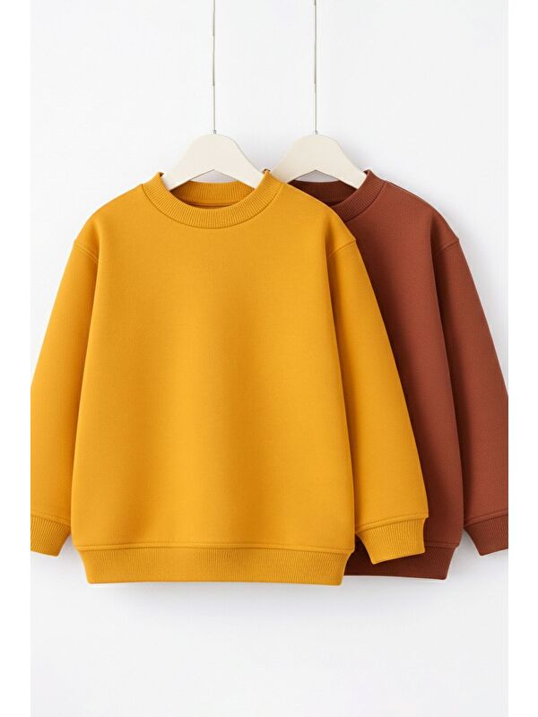 ZUZUNGA 2'Li Basic Şardonlu Çocuk Sweatshirt Hardal - Kahverengi
