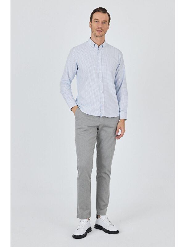 İMZA Koyu Mavi Düğmeli Yaka Kendinden Desenli Classic Pamuklu Slim Fit Gömlek 1004250217