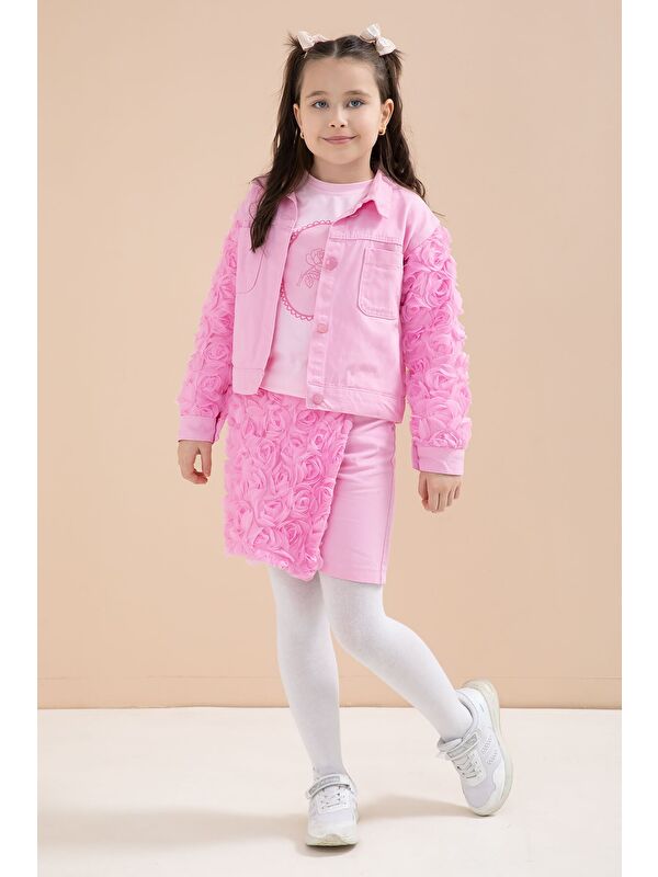 Cansın Mini Pembe Gül Detaylı Şort Etekli ve Ceketli Kız Çocuk 3lü Badili Takım 23609