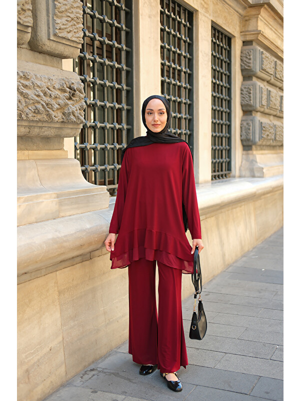 Locco Moda Kadın Tül Detay İkili Takım Bordo