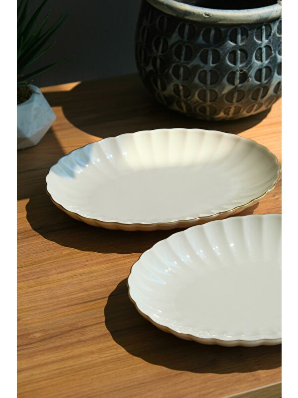 Kütahya Porselen Bone Luz Altın File Kayık Tabak 27x19cm BNLZF28KY20 2 li