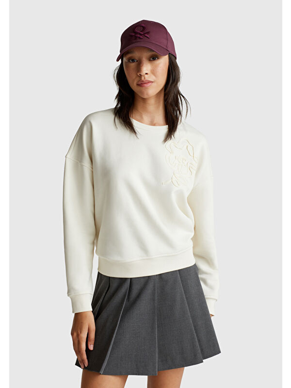 United Colors Of Benetton Kadın Krem Pamuk Karışımlı Çiçek Motifli Sweatshirt