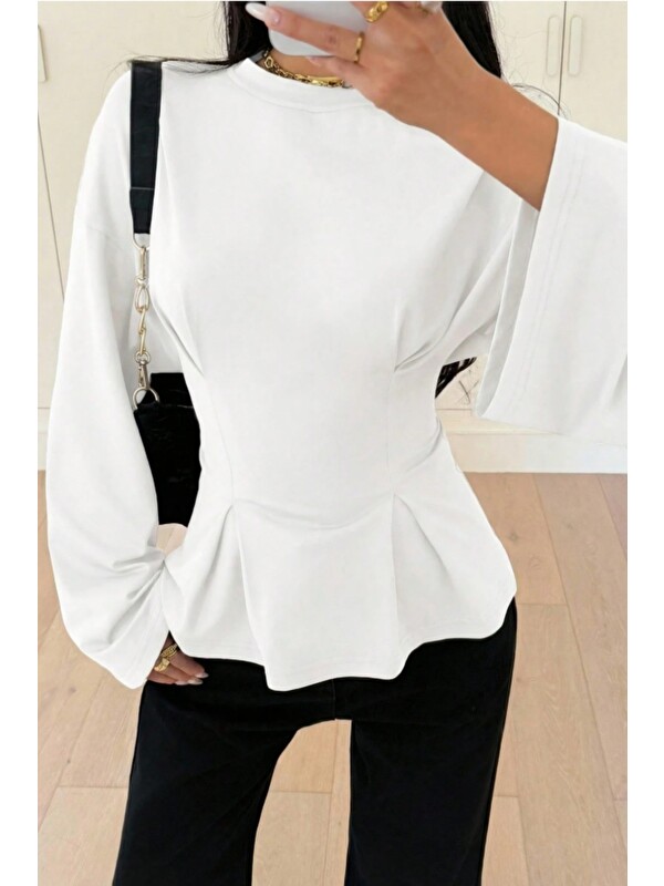 Tarz Cool Kadın Pilet Bel Oturtmalı Peplum Detaylı Uzun Kollu Bluz