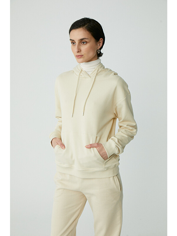 ETHIQUET ABELIA Kadın Pamuklu Içi Polarlı Yumuşacık Kalın Kumaşlı Kapüşonlu Örme Comfort VANİLYA Sweatshirt