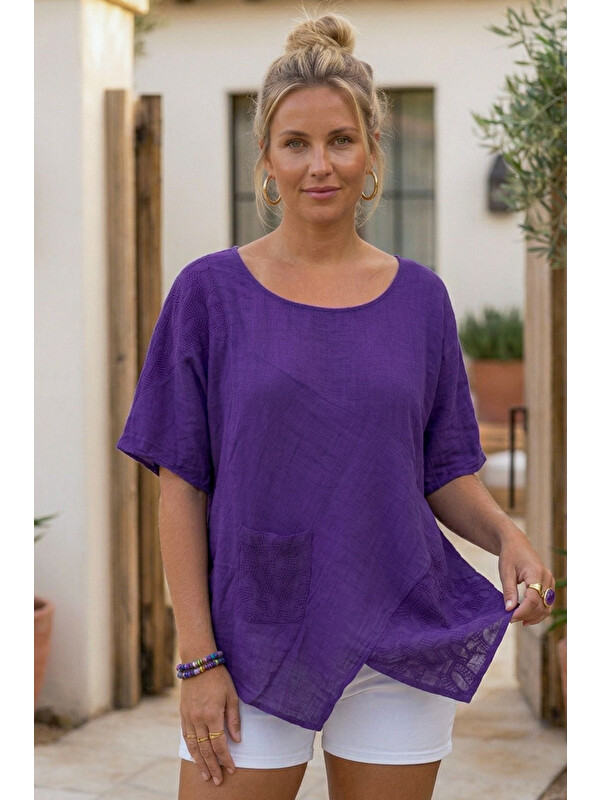 Chiccy Mor Havuz Yaka Kısa Kol Cepli Brodeli Asimetrik Casual Keten Görünümlü Oversize Dokuma Bluz 75 67