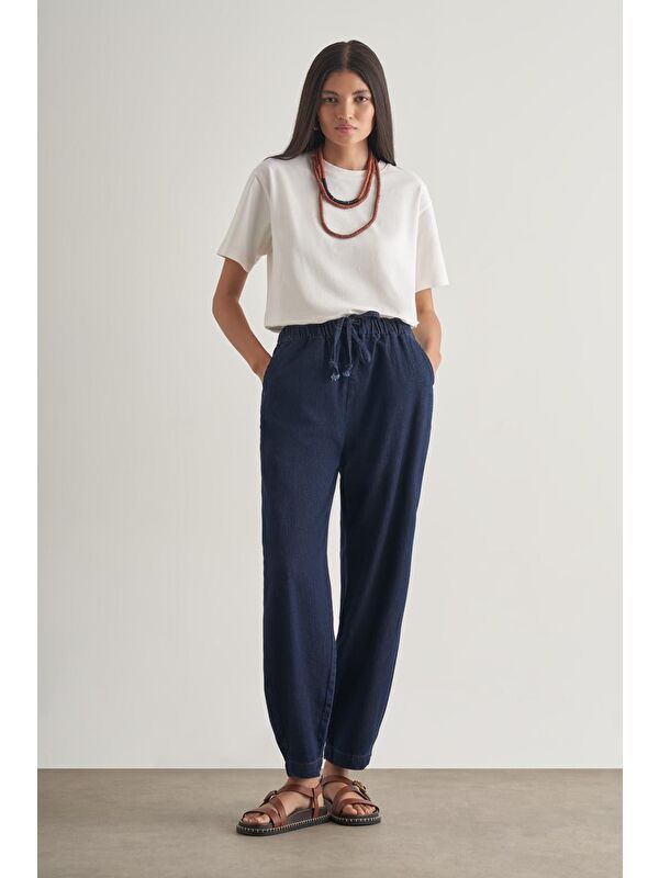 Mizalle Beli İpli Balon Fit Lacivert Denim Pantolon