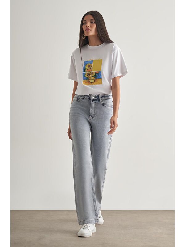 Mizalle Geniş Paça Yüksek Bel Kar Mavi Denim Pantolon