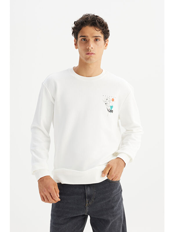 Lee Regular Fit Bisiklet Yaka Baskılı Kırık Beyaz Sweatshirt