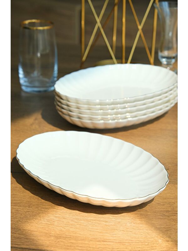 Kütahya Porselen Bone Luz Altın File Kayık Tabak 27x19cm BNLZF28KY20 6 lı