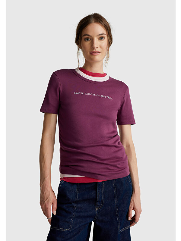 United Colors Of Benetton Kadın Mürdüm %100 Pamuk Benetton Yazılı Basic T-Shirt