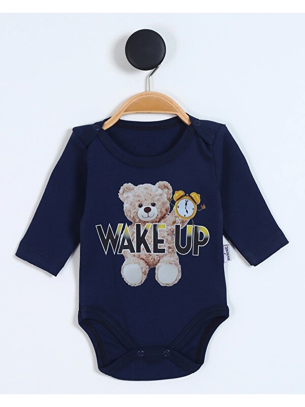 Ege Bebek Uzun Kollu Wake Up Ayıcık Baskılı %100 Pamuk Çıtçıtlı Body