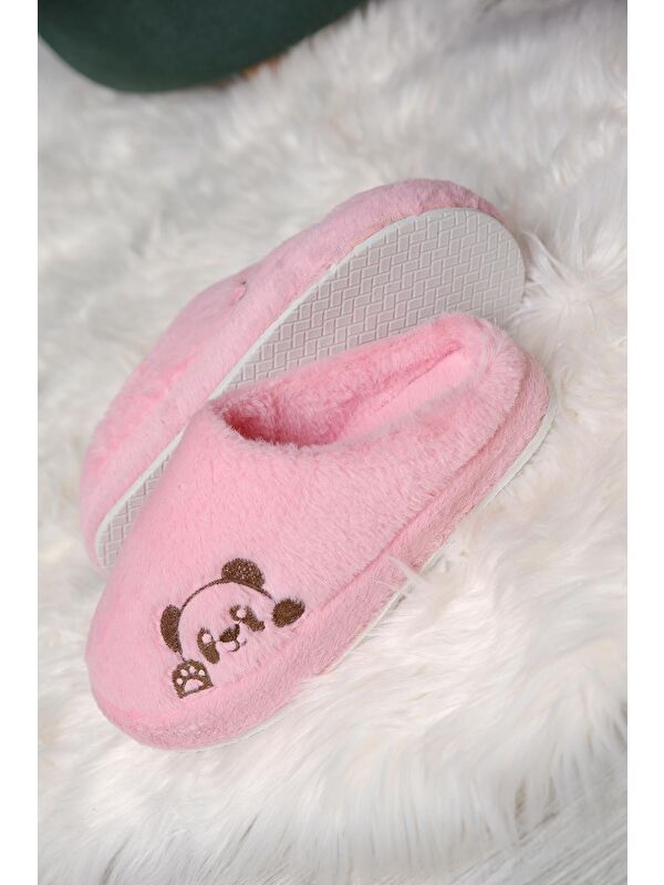 Panda Nakışlı Kadın Ev Terliği Pelüş Terlik Çeyiz ve Bohça Terliği Ses Yapmaz Kalın Taban - Görsel 3