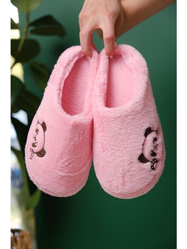 Panda Nakışlı Kadın Ev Terliği Pelüş Terlik Çeyiz ve Bohça Terliği Ses Yapmaz Kalın Taban - Görsel 4