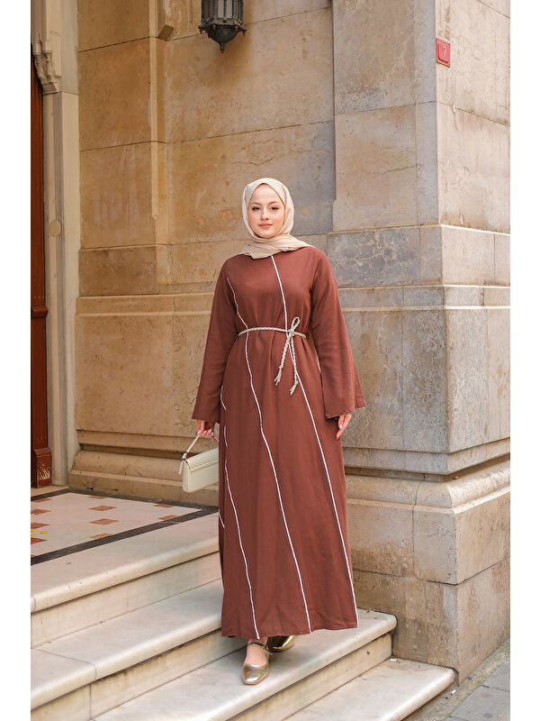Locco Moda Kadın Hasır Kemerli Elbise Kahverengi