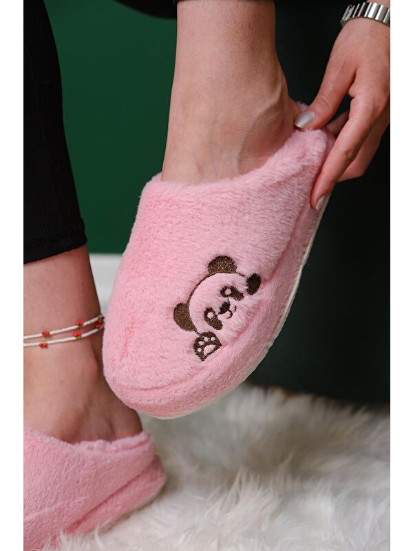 Panda Nakışlı Kadın Ev Terliği Pelüş Terlik Çeyiz ve Bohça Terliği Ses Yapmaz Kalın Taban - Görsel 6
