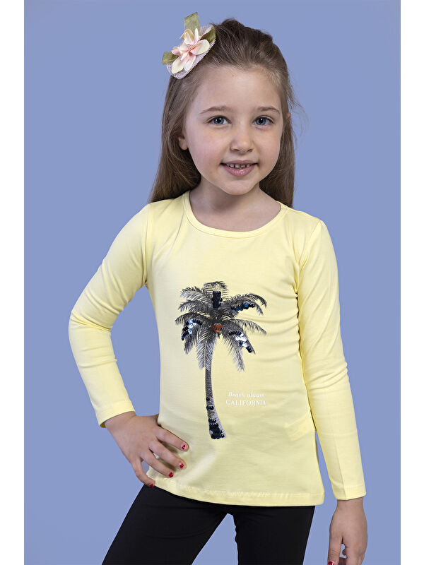 Toontoykids Kız Çocuk Palmiye Baskılı Pul İşlemeli Tişört