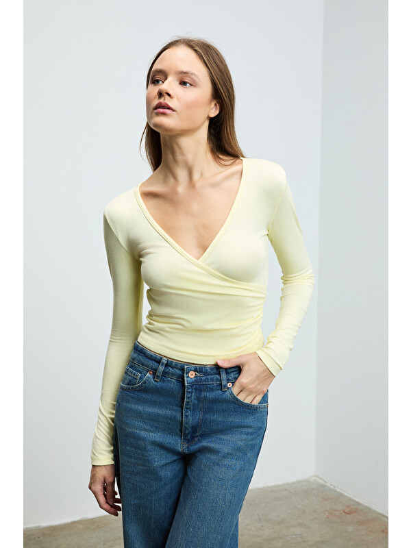 GRIMELANGE CALLORIA Kadın V Yakalı Uzun Kollu Slim Fit SARI Bluz