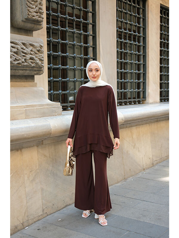 Locco Moda Kadın Tül Detay İkili Takım Kahverengi