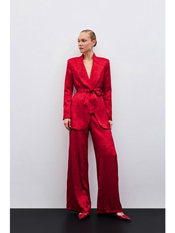 SATEEN Bol Paça Desenli Pantolon - Kırmızı