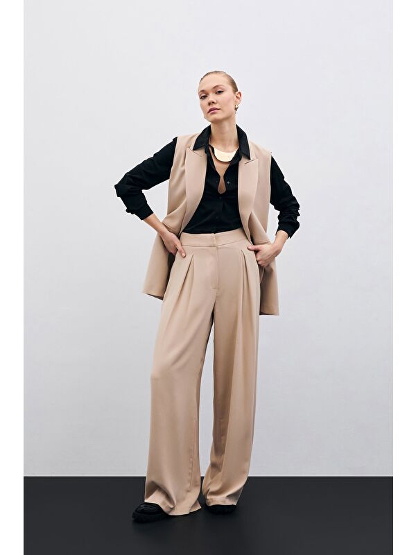 SATEEN Yüksek Bel Bol Paça Pantolon - Bej