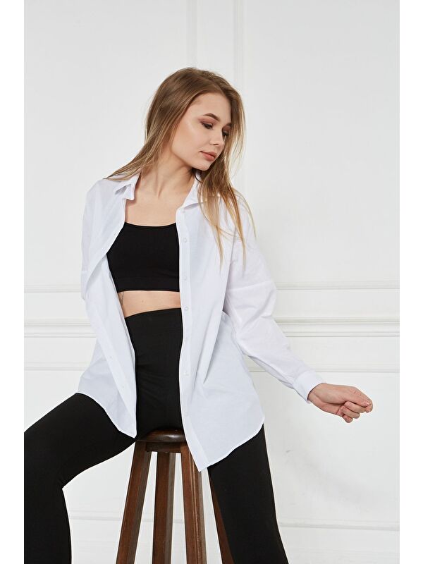 Comstar Kadın Oversize Uzun Basic Beyaz Gömlek