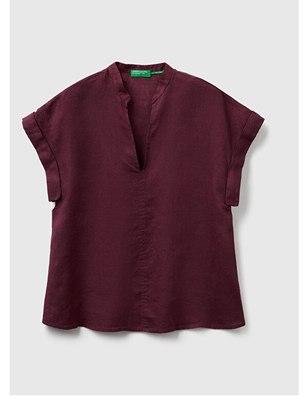 United Colors Of Benetton Kadın Mürdüm %100 Keten V Yaka Kimono Kol Bluz