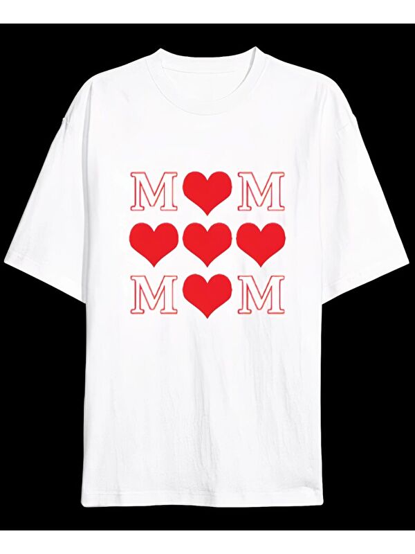 Jane's Anneler Gününe Özel Tasarım MOM Kalp Baskılı T-shirt - Beyaz