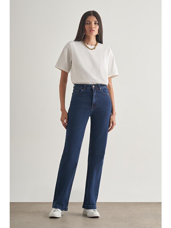Mizalle Koyu Rins Geniş Paça Yüksek Bel Koyu Mavi Denim Pantolon