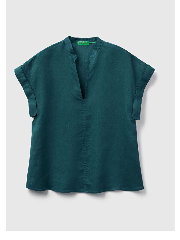 United Colors Of Benetton Kadın Koyu Yeşil %100 Keten V Yaka Kimono Kol Bluz