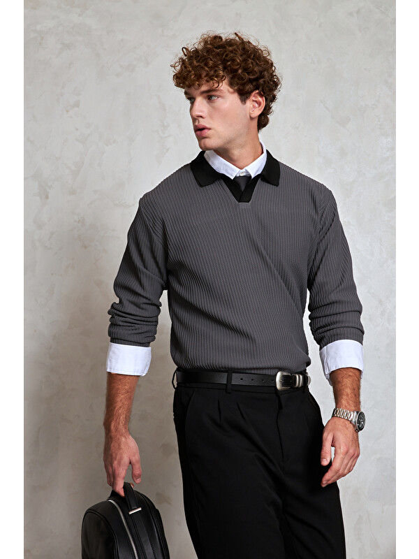 HYMAN Erkek Polo Yaka Nopeli Oversize Triko Kazak