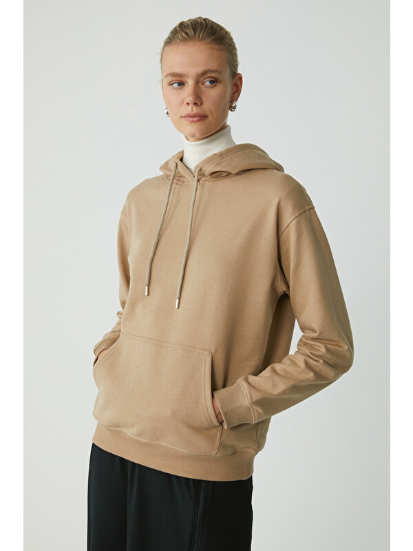 ETHIQUET ABELIA Kadın Pamuklu Içi Polarlı Yumuşacık Kalın Kumaşlı Kapüşonlu Örme Comfort VİZON Sweatshirt