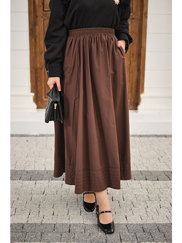 Locco Moda Kadın Beli Lastikli Kırışık Etek Kahverengi
