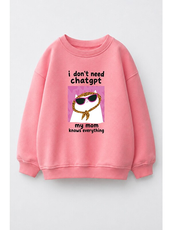 Monila Kız Çocuk 3 İplik Kumaş Kedi Baskılı Pamuklu Sweatshirt