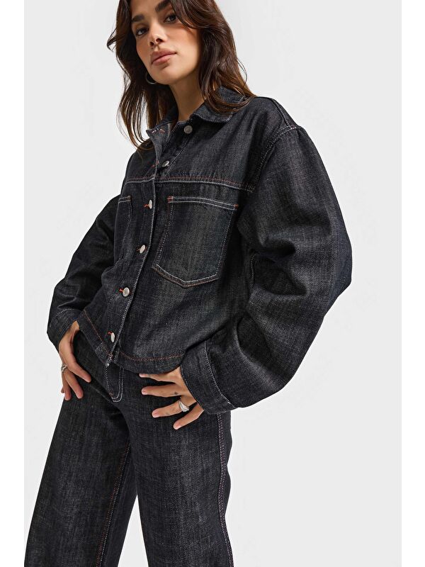 It's Basic Kadın Koyu Jean Rengi 7w5-51 Oversize %100 Pamuk Denim Ceket