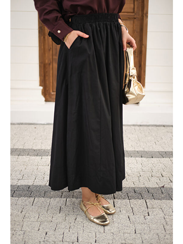 Locco Moda Kadın Beli Lastikli Kırışık Etek Siyah