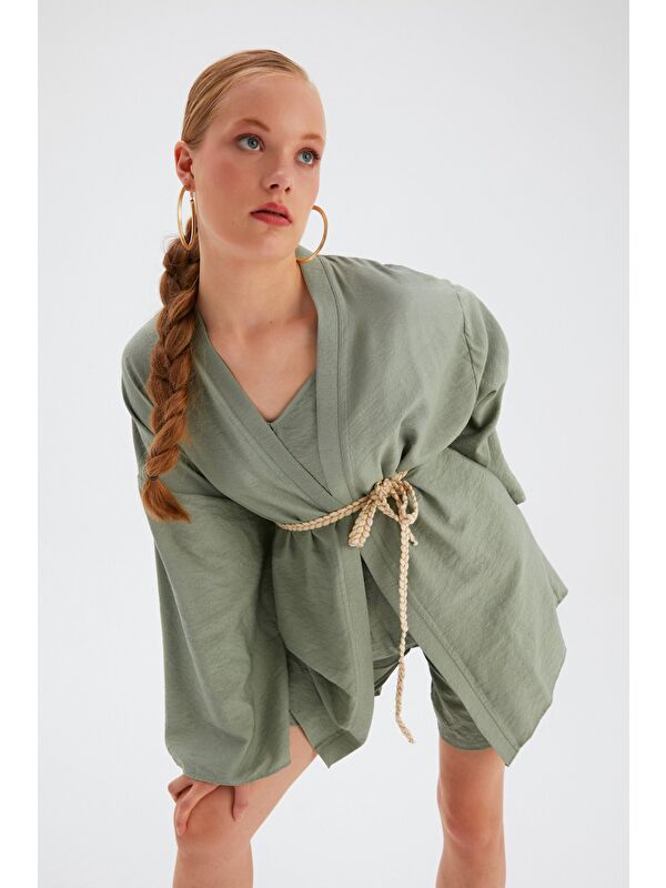 SATEEN Kuşak Detaylı Salaş Kimono - Yeşil