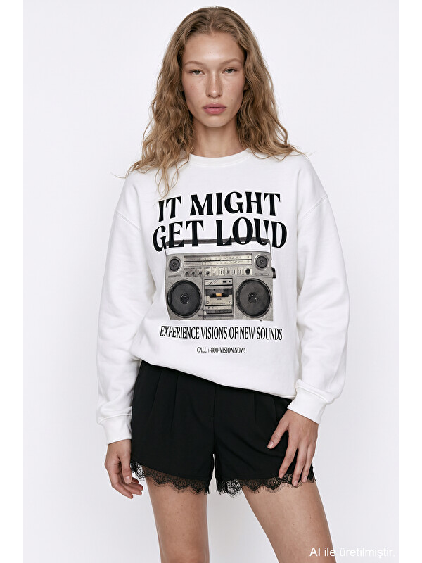 QUZU Radyo Baskılı Oversize Sweatshirt Ekru