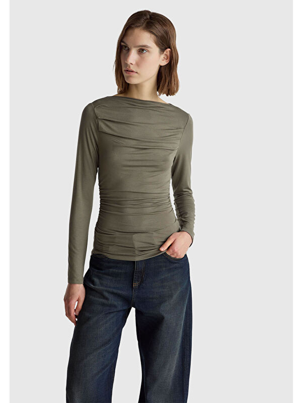 United Colors Of Benetton Kadın Haki Modal Karışımlı Slim Fit Kayık Yaka Uzun Kollu T-Shirt