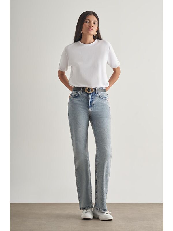 Mizalle Straight Fit Yüksek Bel Mavi Denim Pantolon