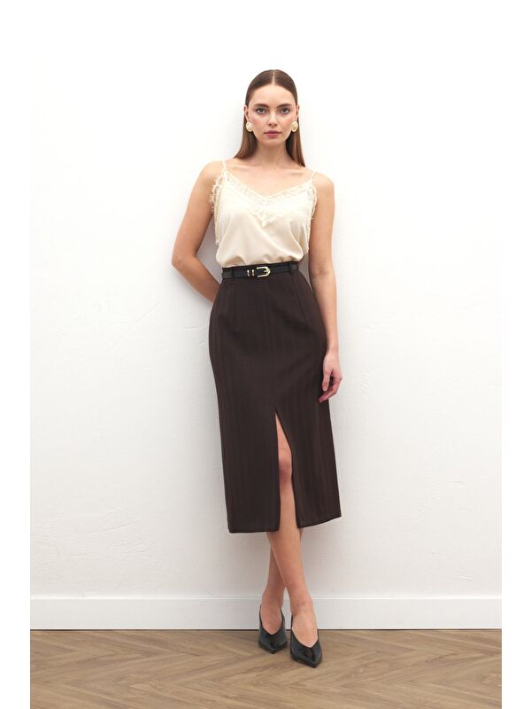 SATEEN Anna Yırtmaçlı Etek - Kahve