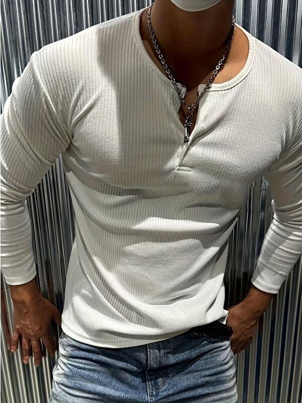 Oksit Mecho Erkek Slim Fit Elastanlı Henley Yaka Uzun Kollu Tişört - Düğmeli Esnek Kumaş