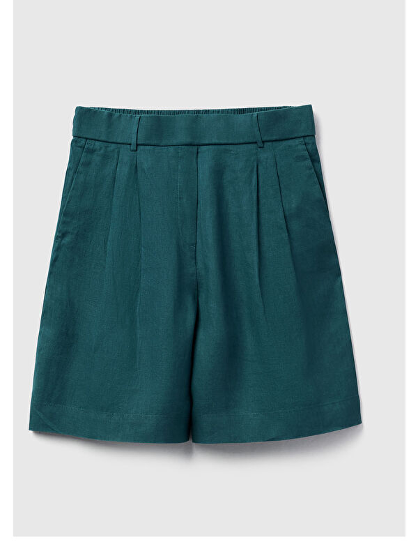 United Colors Of Benetton Kadın Koyu Yeşil %100 Keten Arka Beli Lastikli Pileli Relax Fit Bermuda Şort