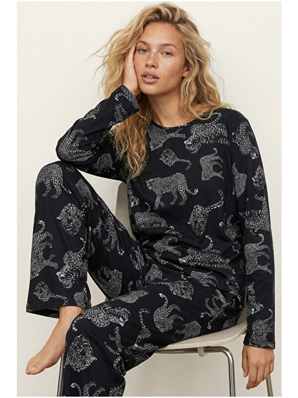 Siyah İnci Siyah Leopar Baskılı Örme Pijama Takım 7613