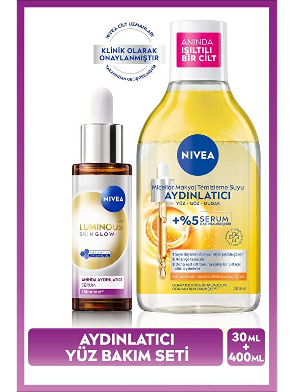 NIVEA Luminous630 Skin Glow Aydınlatıcı Serum 30ml ve Aydınlatıcı Micellar Makyaj Temizleme Suyu 400ml, Se