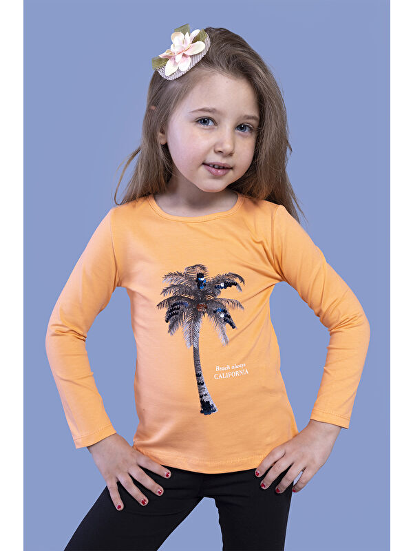 Toontoykids Kız Çocuk Palmiye Baskılı Pul İşlemeli Tişört