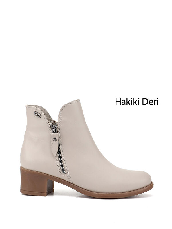 GÖNDERİ(R) Kadın AÇIK BEJ Çift Fermuarlı Kalın Topuklu Hakiki Deri Bot