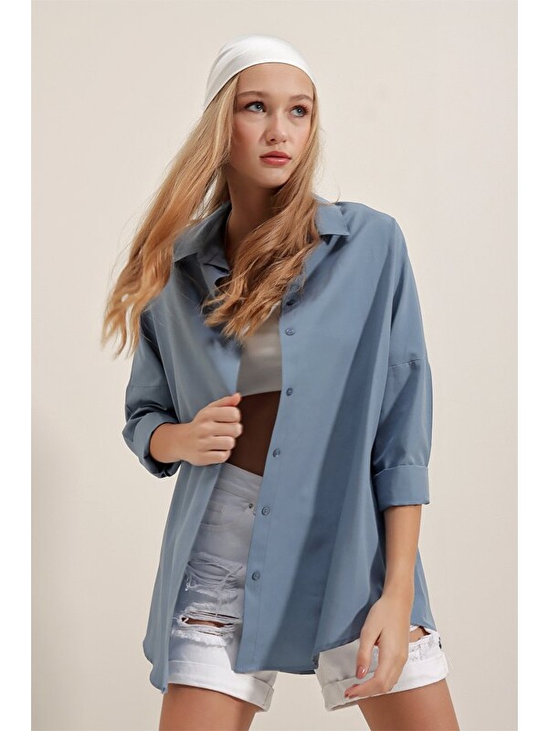 Jane's 3900 Oversize Uzun Basic Gömlek - İndigo