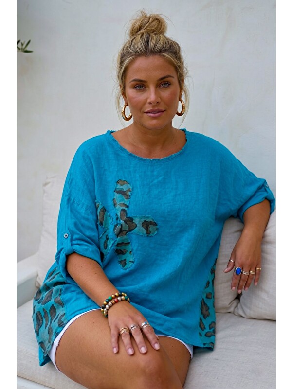 Chiccy İtalyan Mavi Havuz Yaka 3/4 Kol Yıkamalı Aplikeli Casual 100% Keten Oversize Dokuma Bluz 80 74